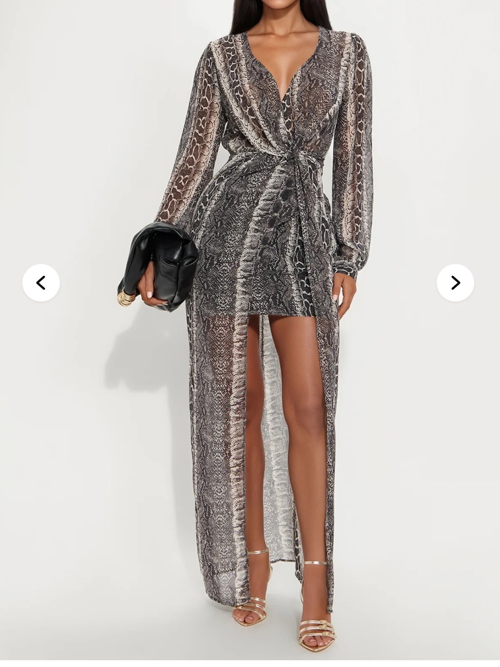 Snake-Print Long Wrap Skirt Dress in Brown